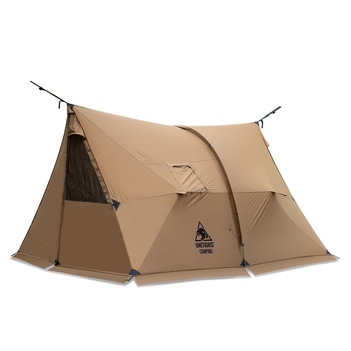 Brown camping tent with a brand logo on a white background