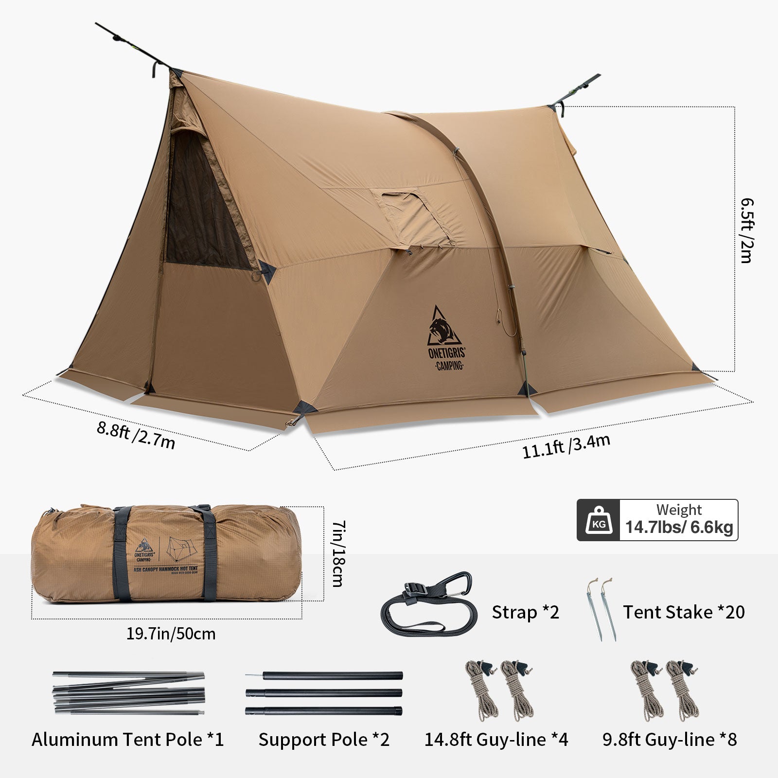 Brown camping tent with dimensions, components, and weight displayed on a white background