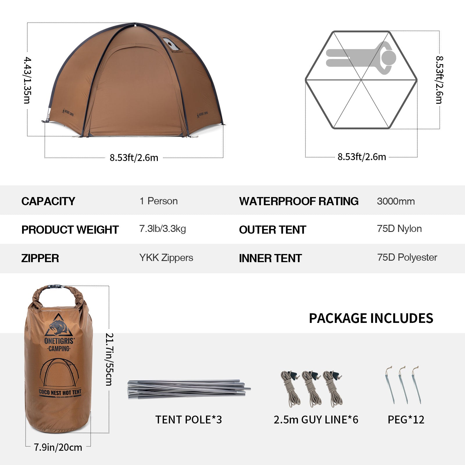 Camping tent with specifications and accessories on a white background