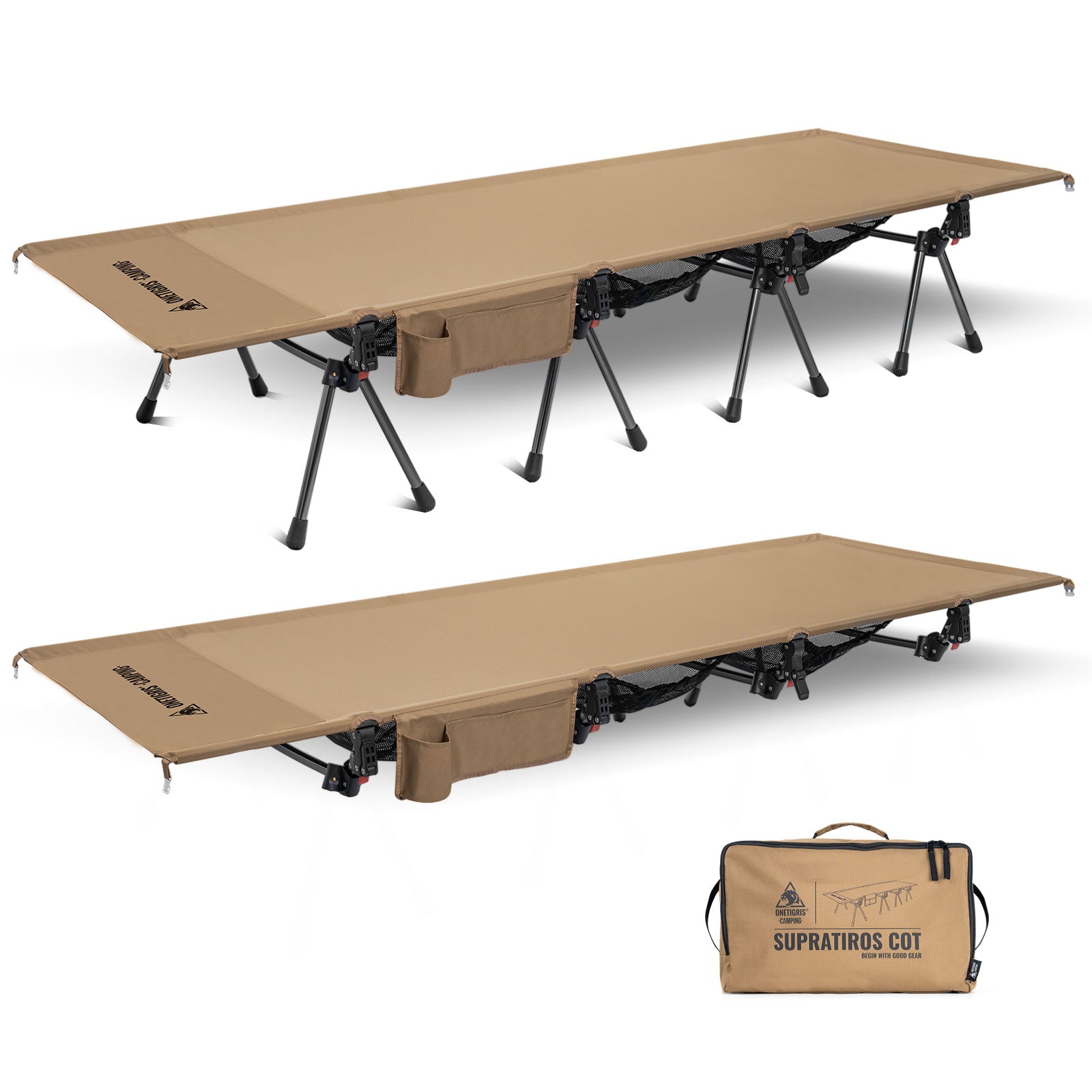 Beige camping cot with legs and carrying bag on a white background