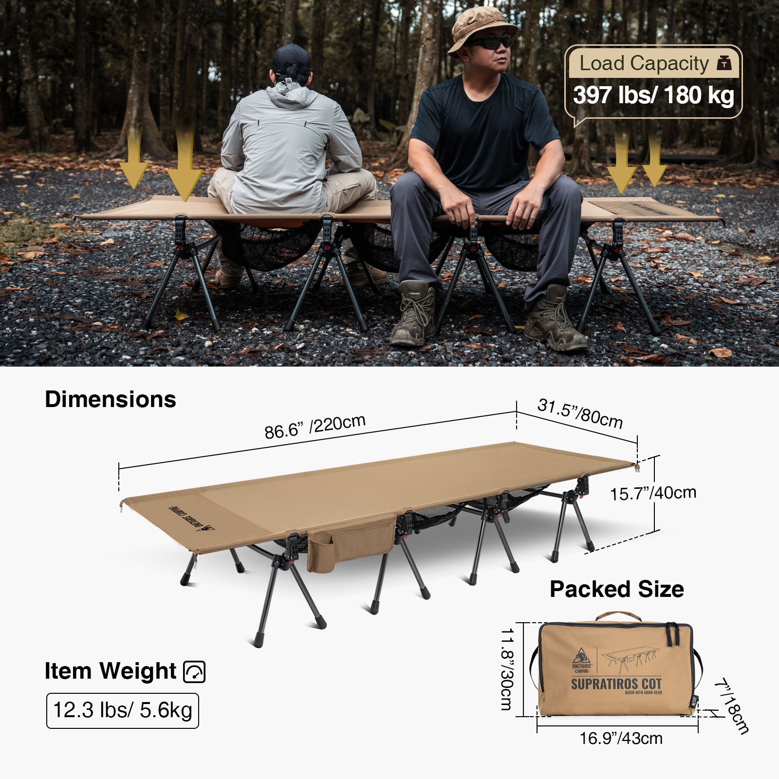 Two people sitting on a camping cot in a forest with product details displayed.