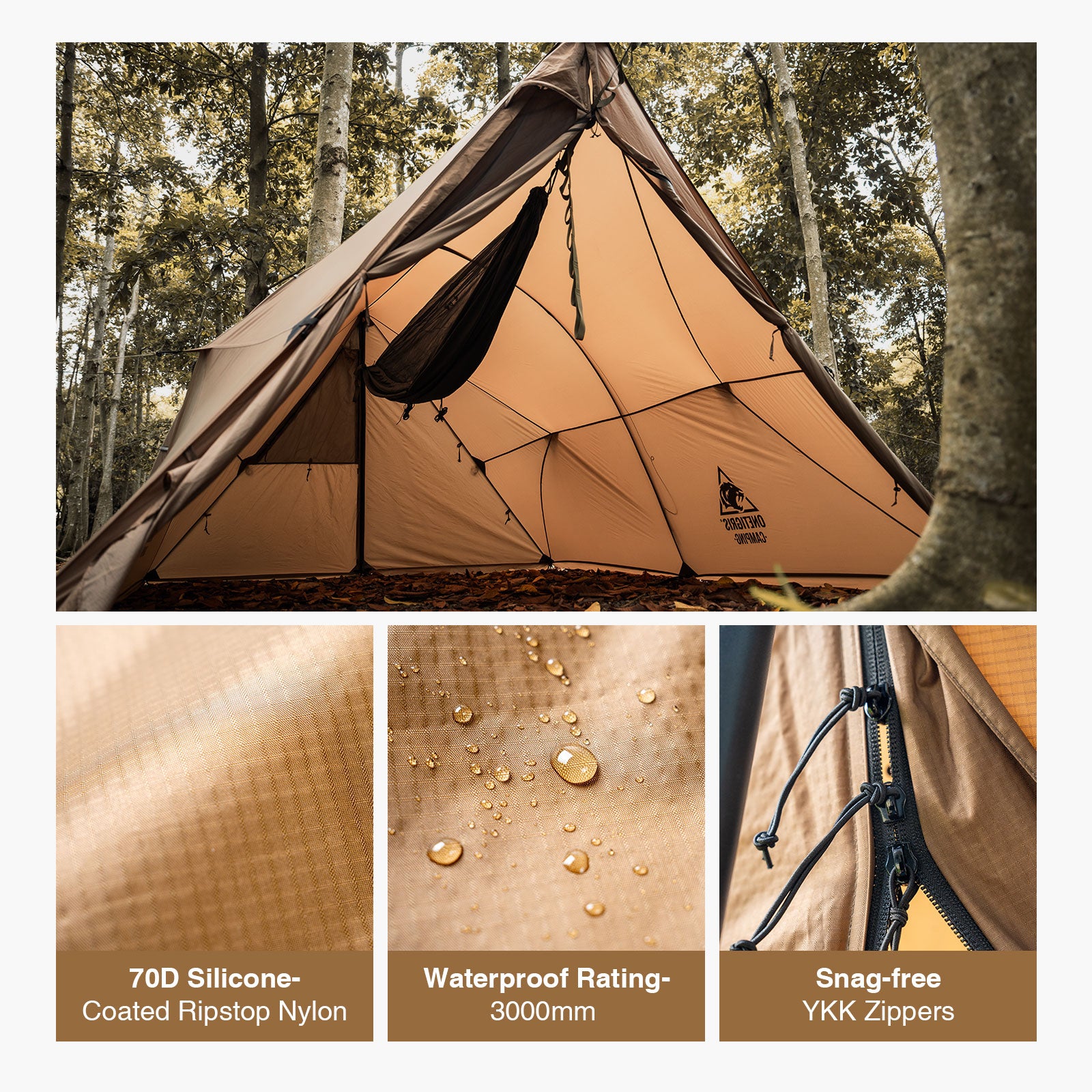 Beige tent in a forest setting with product features highlighted.