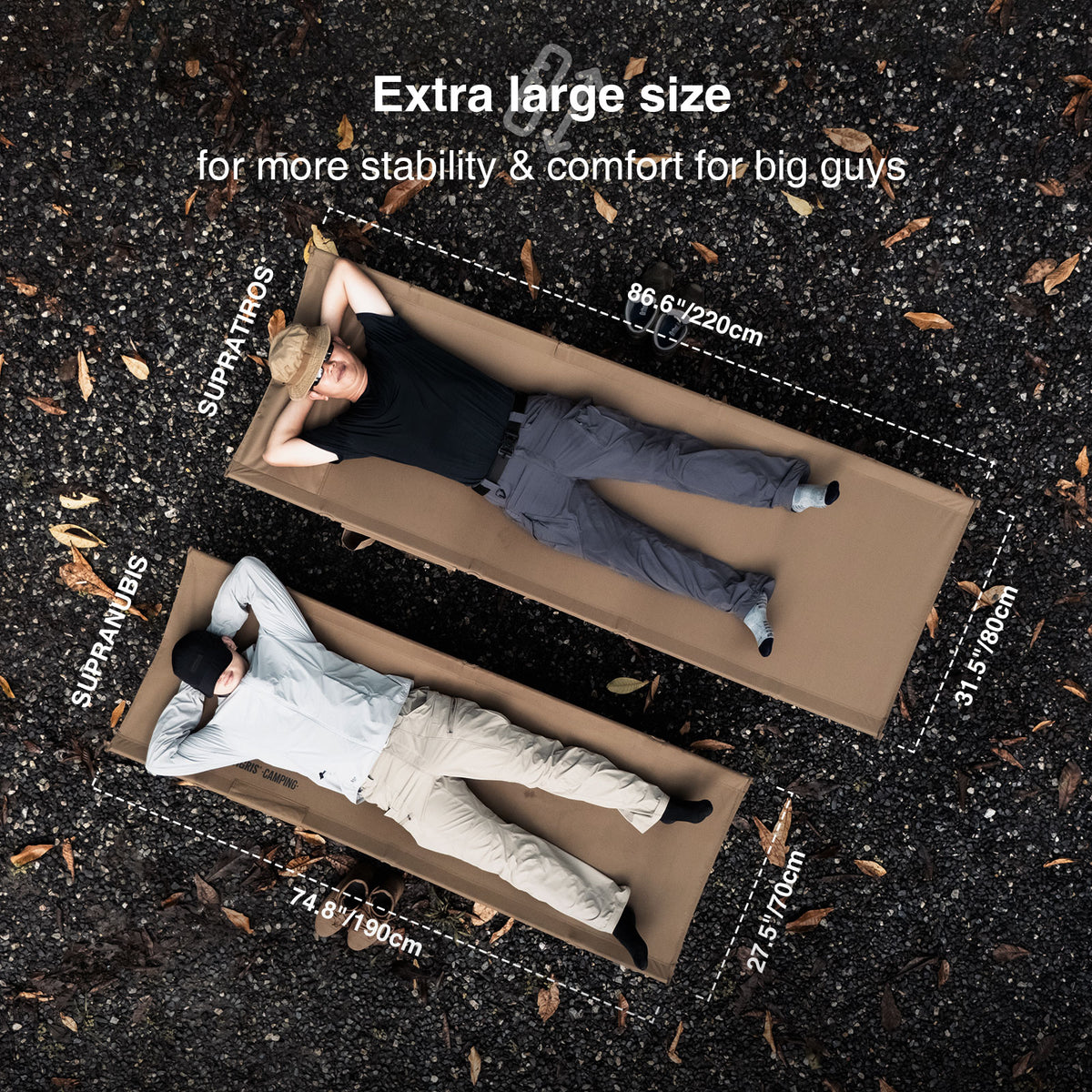 Two people lying on folding beds of different sizes, comparing sizes