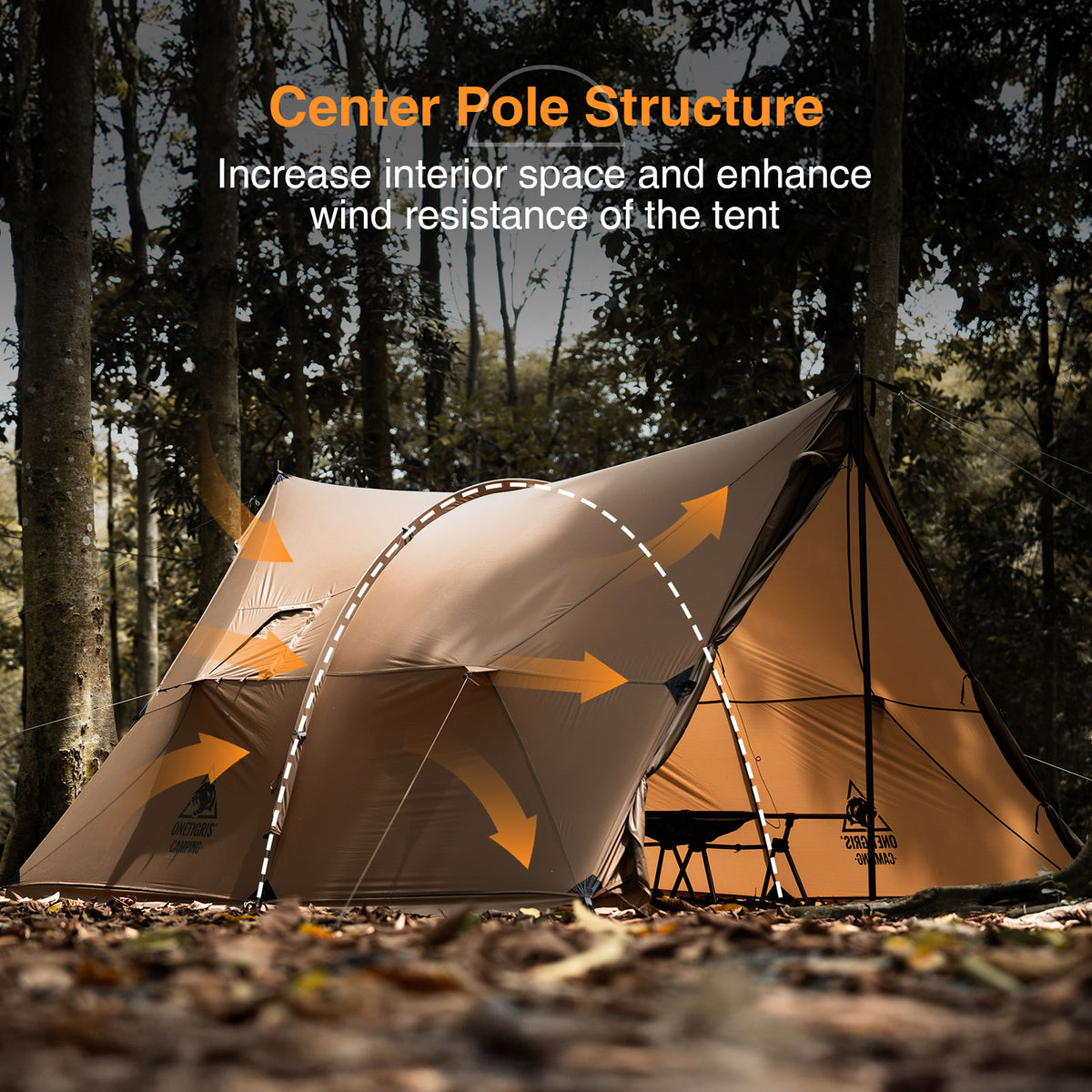 Tent with center pole structure in a forest setting