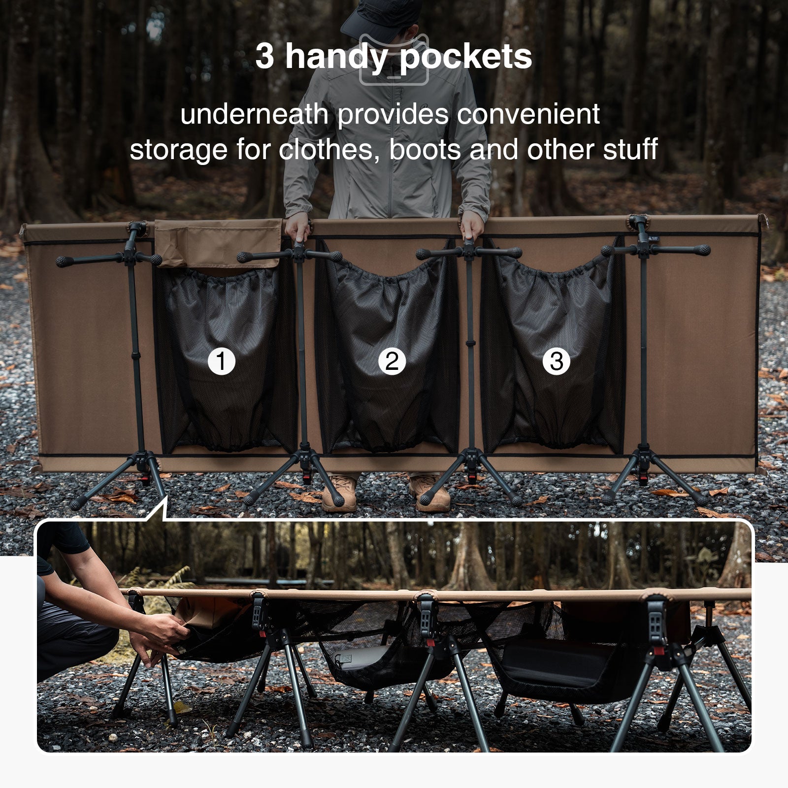 Camping cot with three handy pockets for storage, set outdoors.