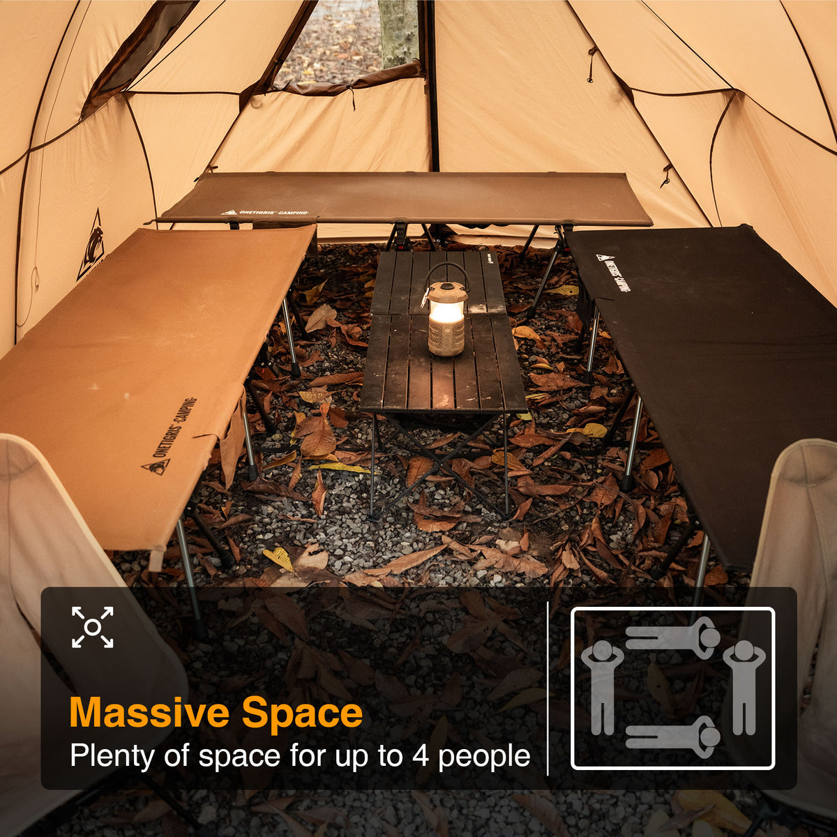 Camping tent interior with a table and seating area, featuring text about space for up to 4 people.