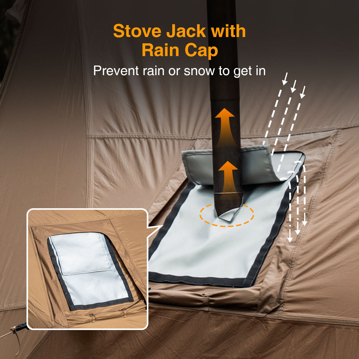 Stove jack with rain cap attached to a tent, preventing rain or snow from entering.