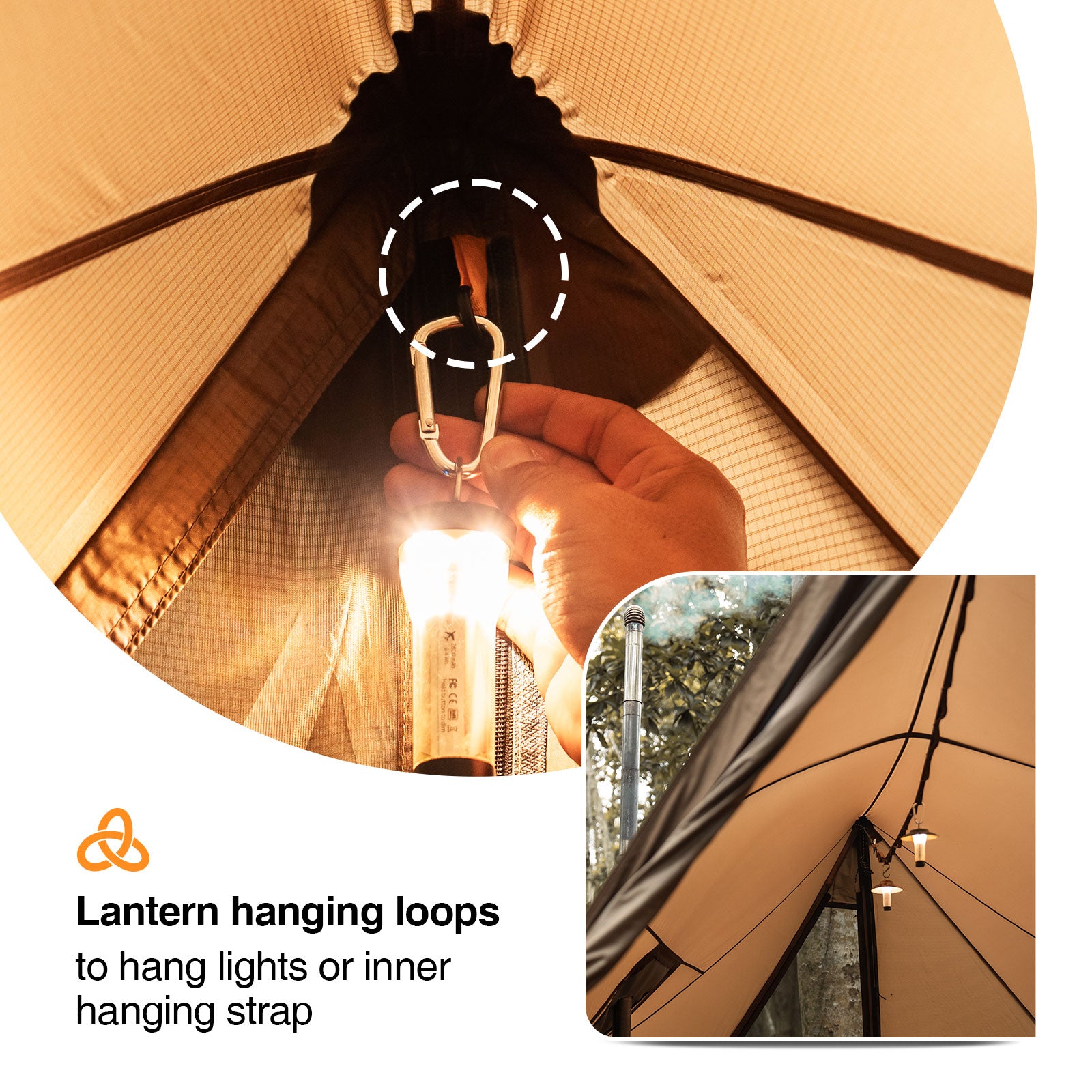 Lantern with hanging loops for lights or straps, with a close-up of a hand holding a light bulb.