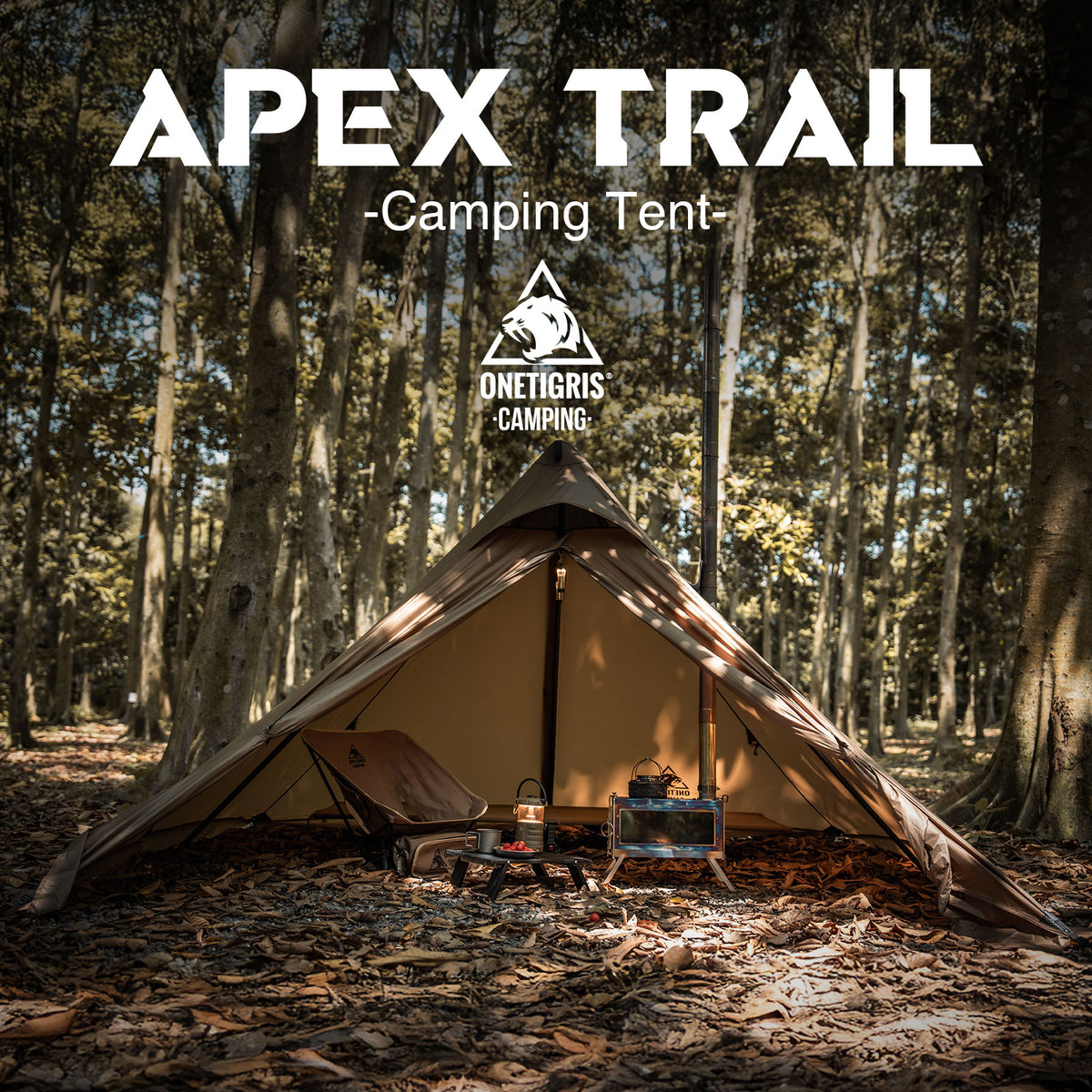 Camping tent in a forest with 'Apex Trail camping tent