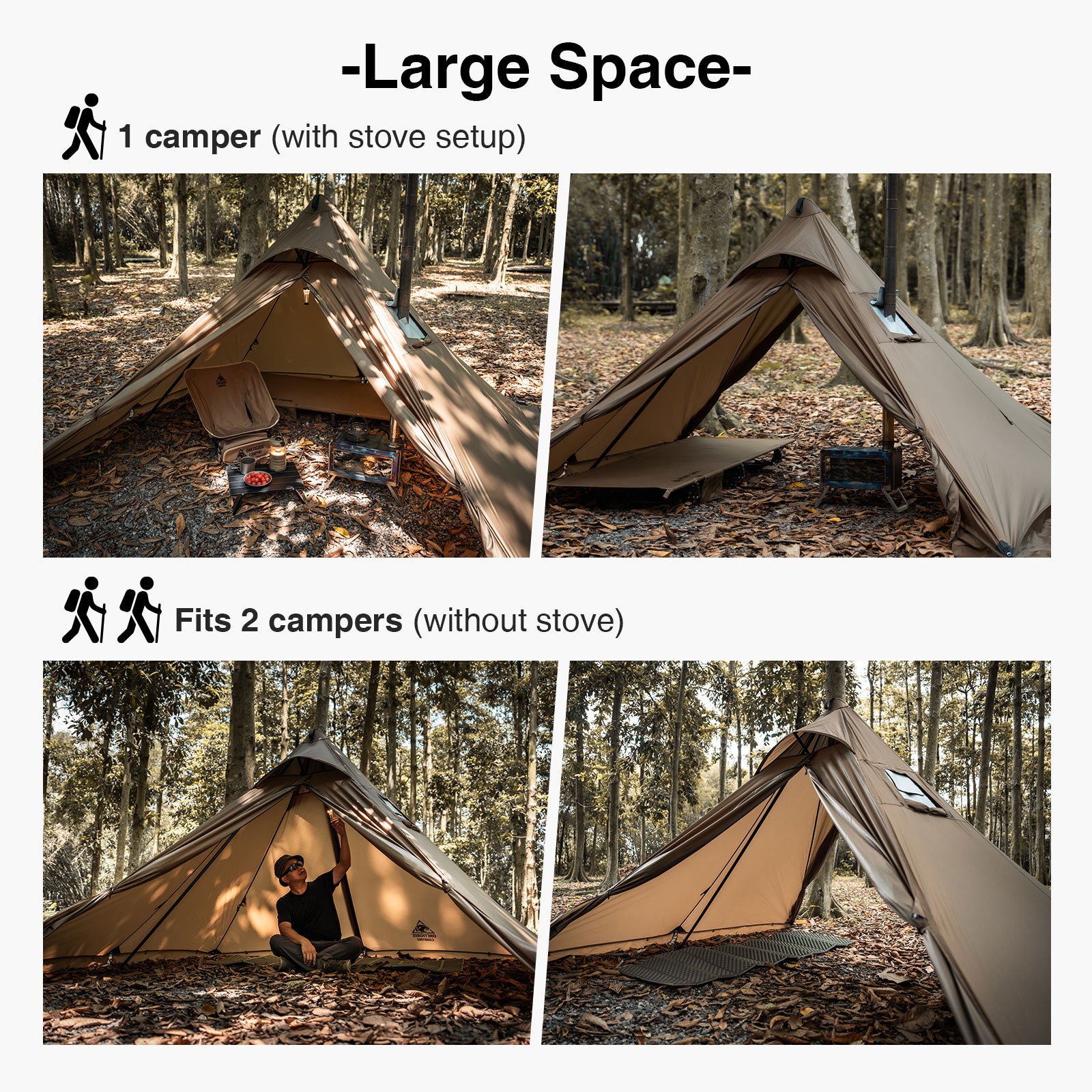 Camping hot tents with and without stoves, no center pole required, and plenty of room for activities