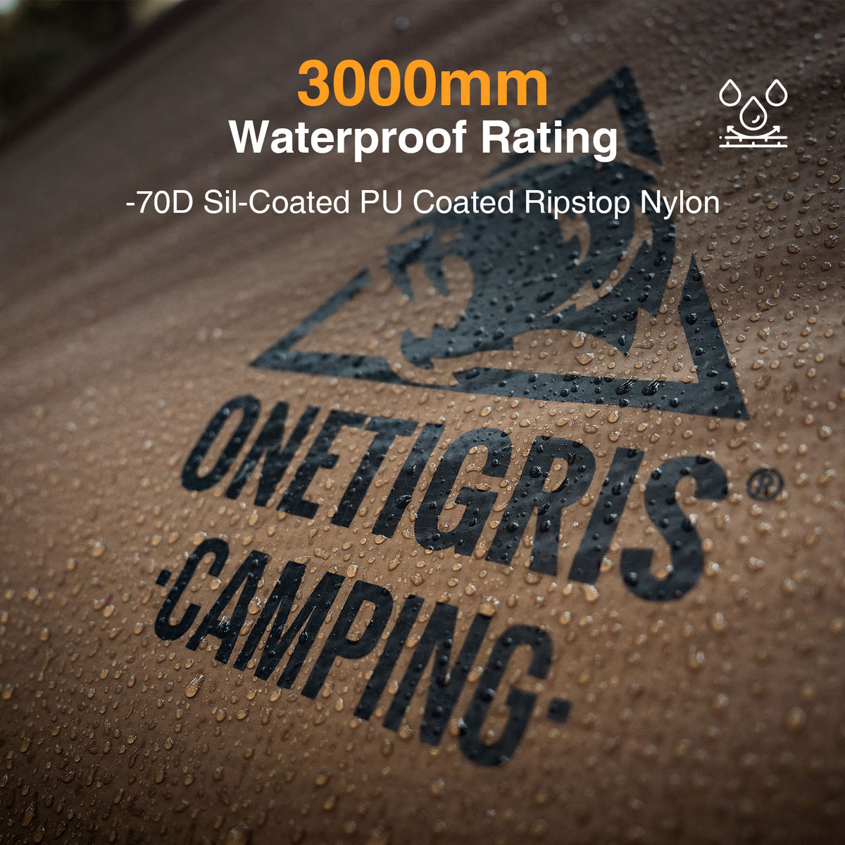 Close-up of ONETIGRIS Camping material with 3000mm waterproof rating text .