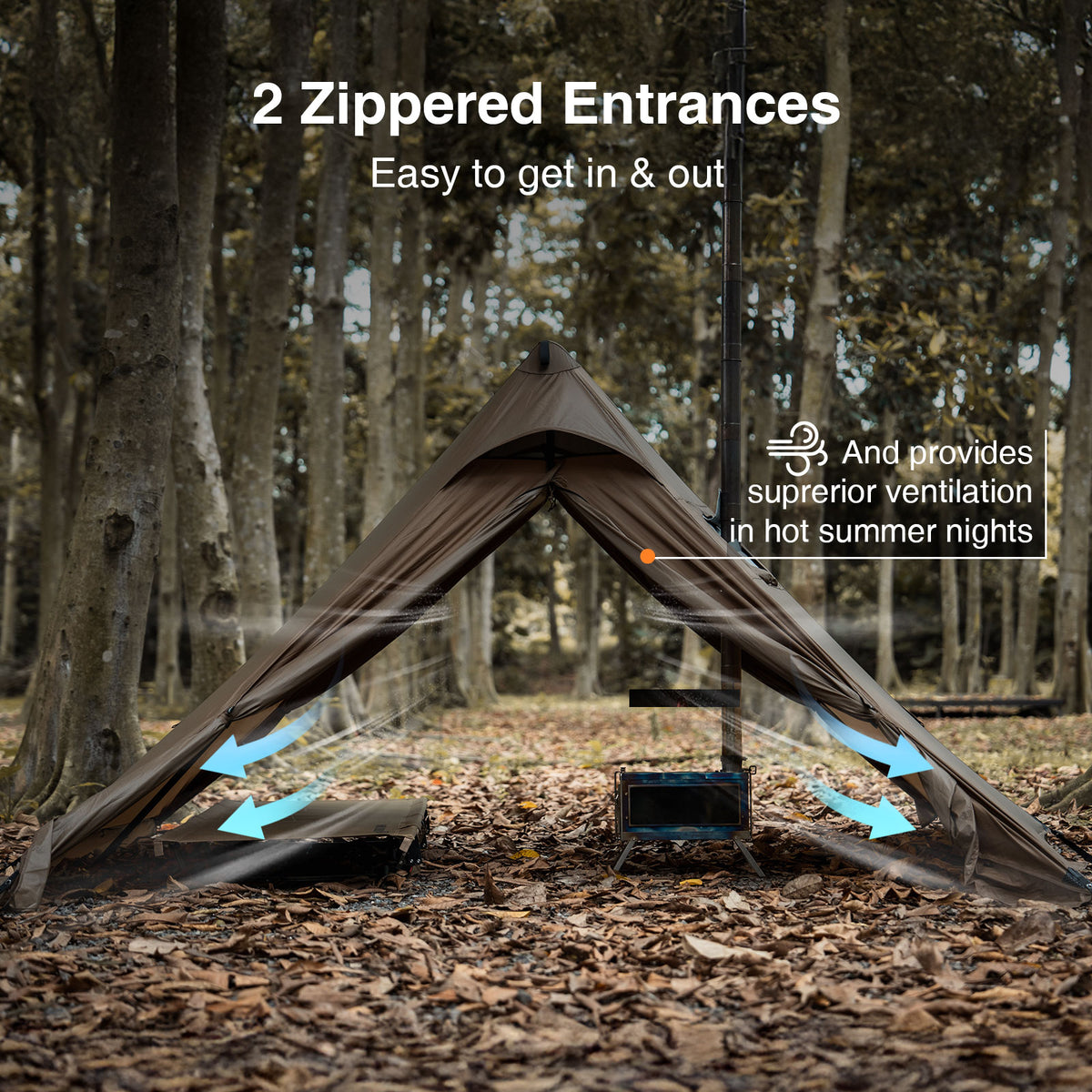 Tent with two zipped entrances in a forest setting