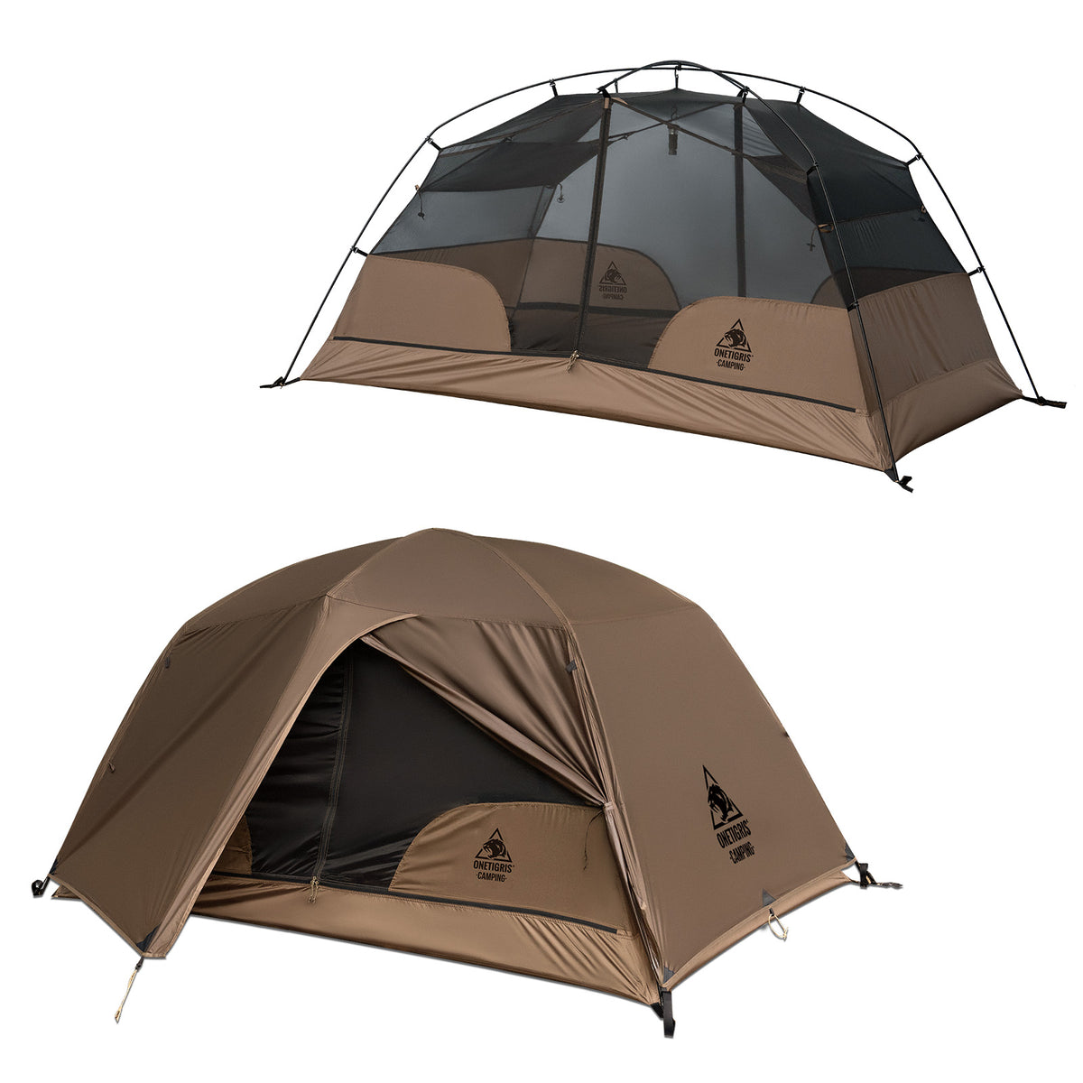 Two brown camping tents with a visible brand logo on a white background