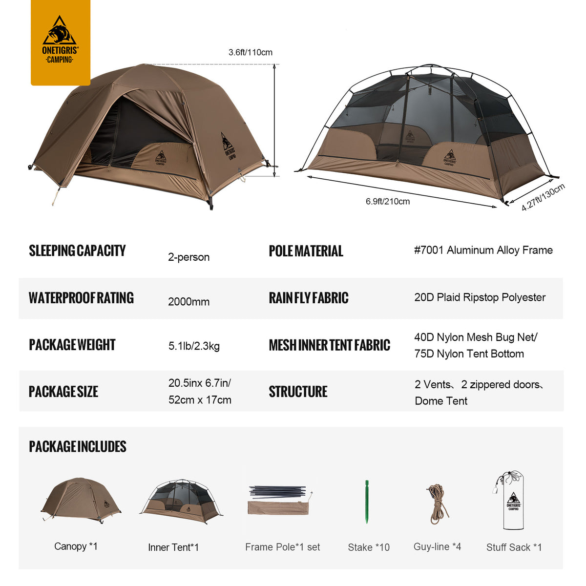 Camping tent with specifications and components on a white background