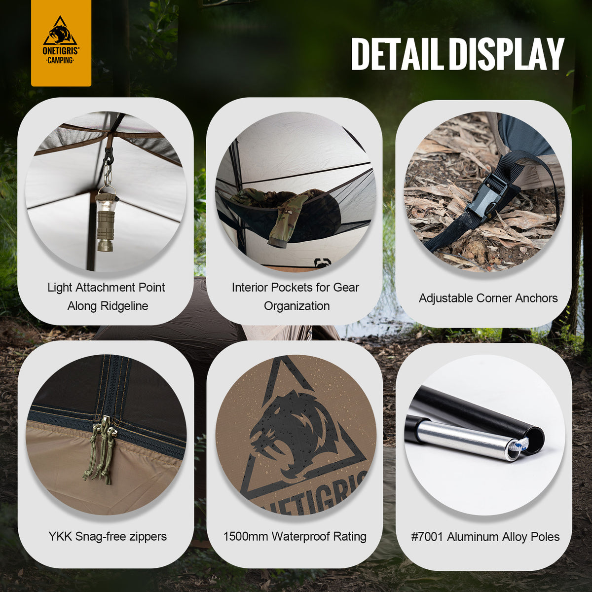 Detailed display of a camping hammock with various features highlighted.