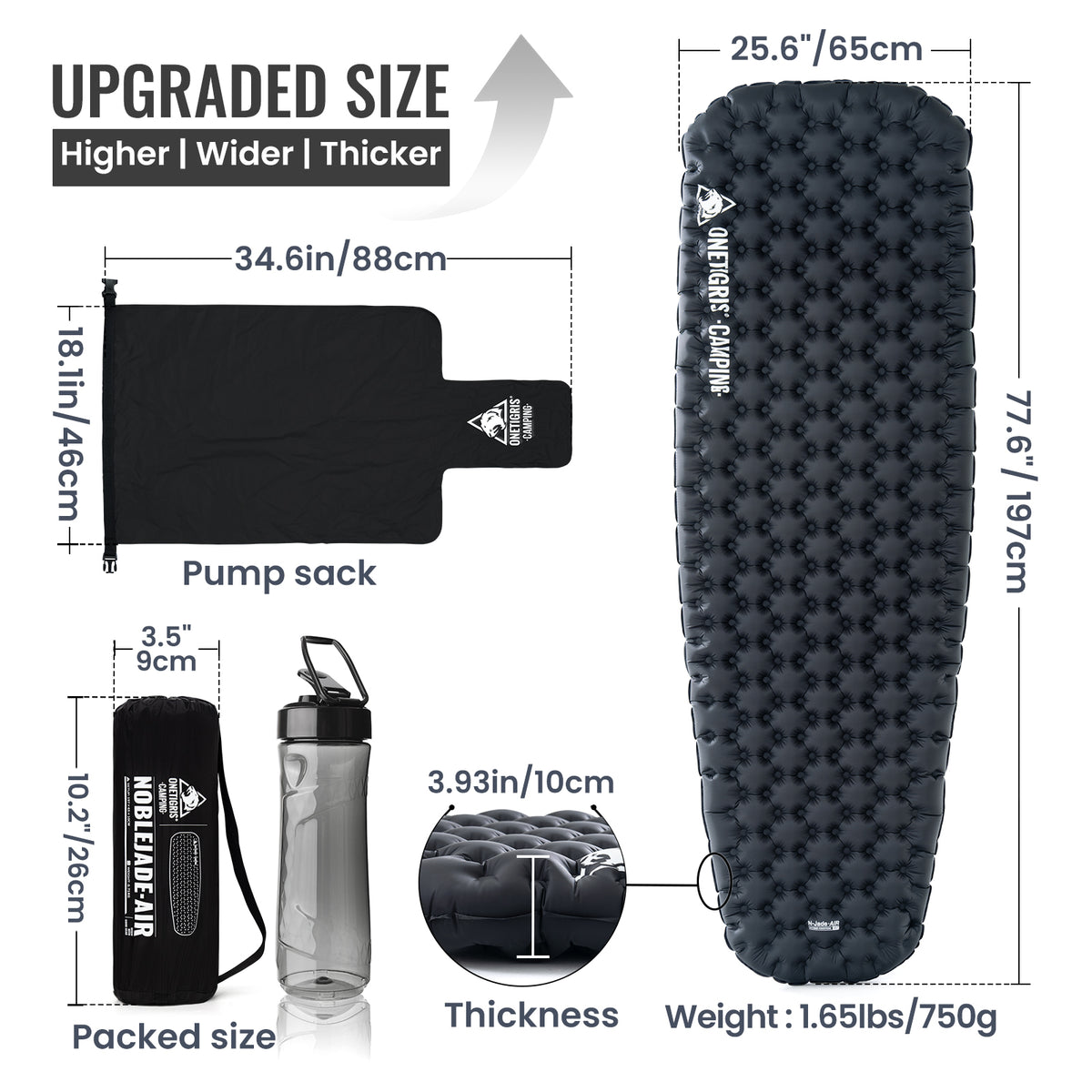 Noble Air inflatable sleeping pad with pump sack and water bottle, showing dimensions and features.