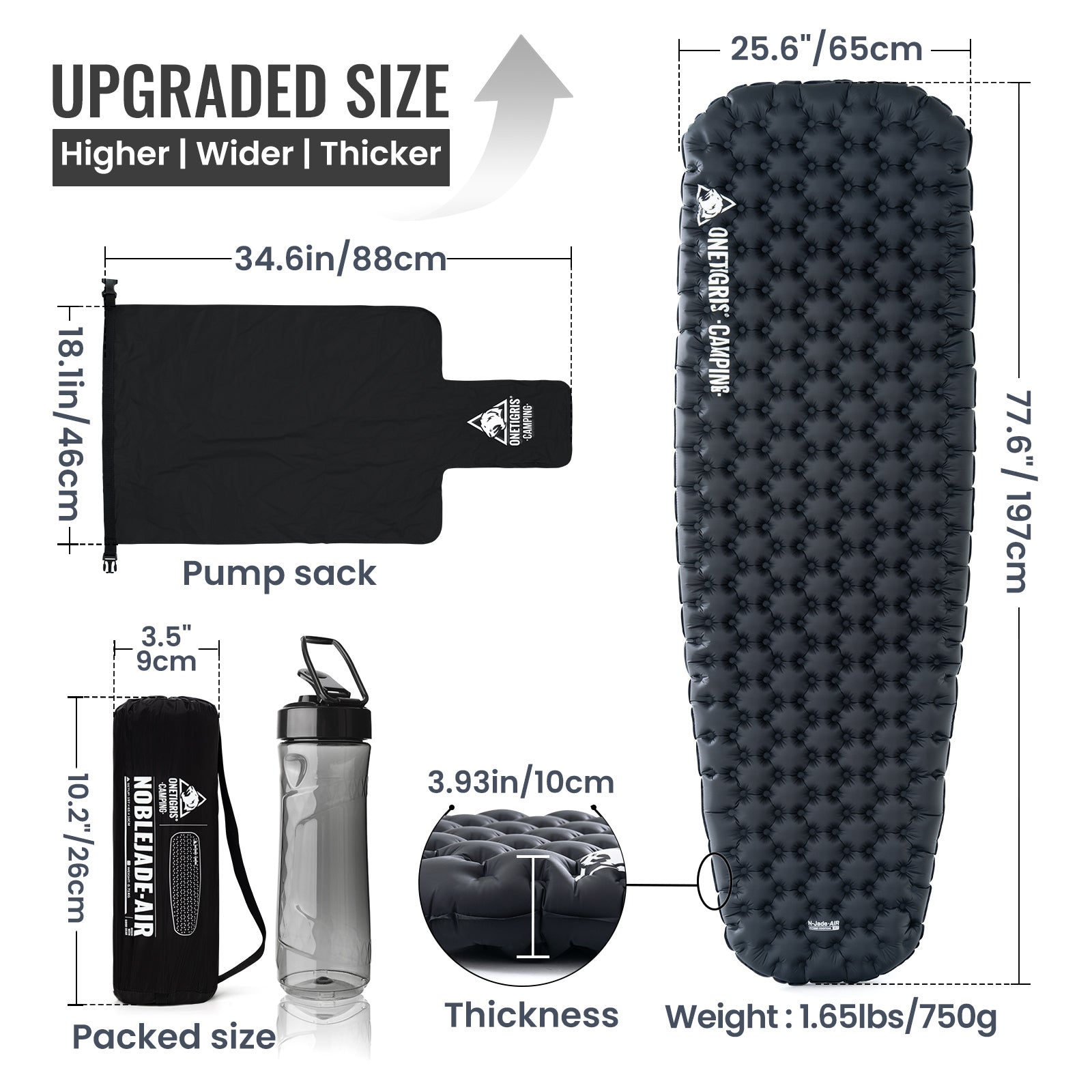 Noble Air inflatable sleeping pad with pump sack and water bottle, showing dimensions and features.