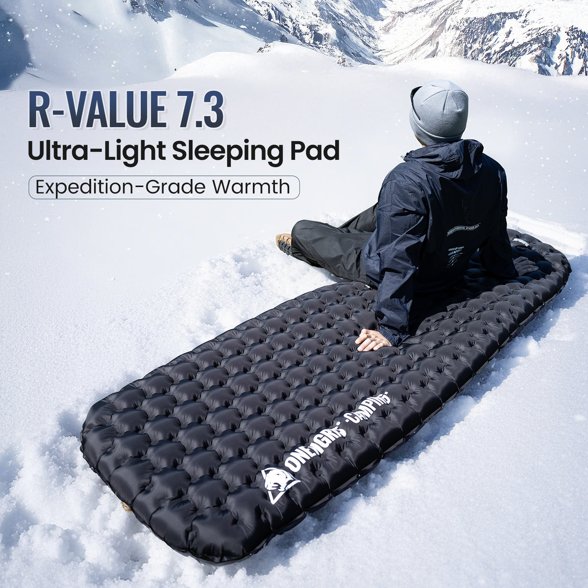 Person sitting on an ultra-light sleeping pad in the snow with text indicating R-value and product features.