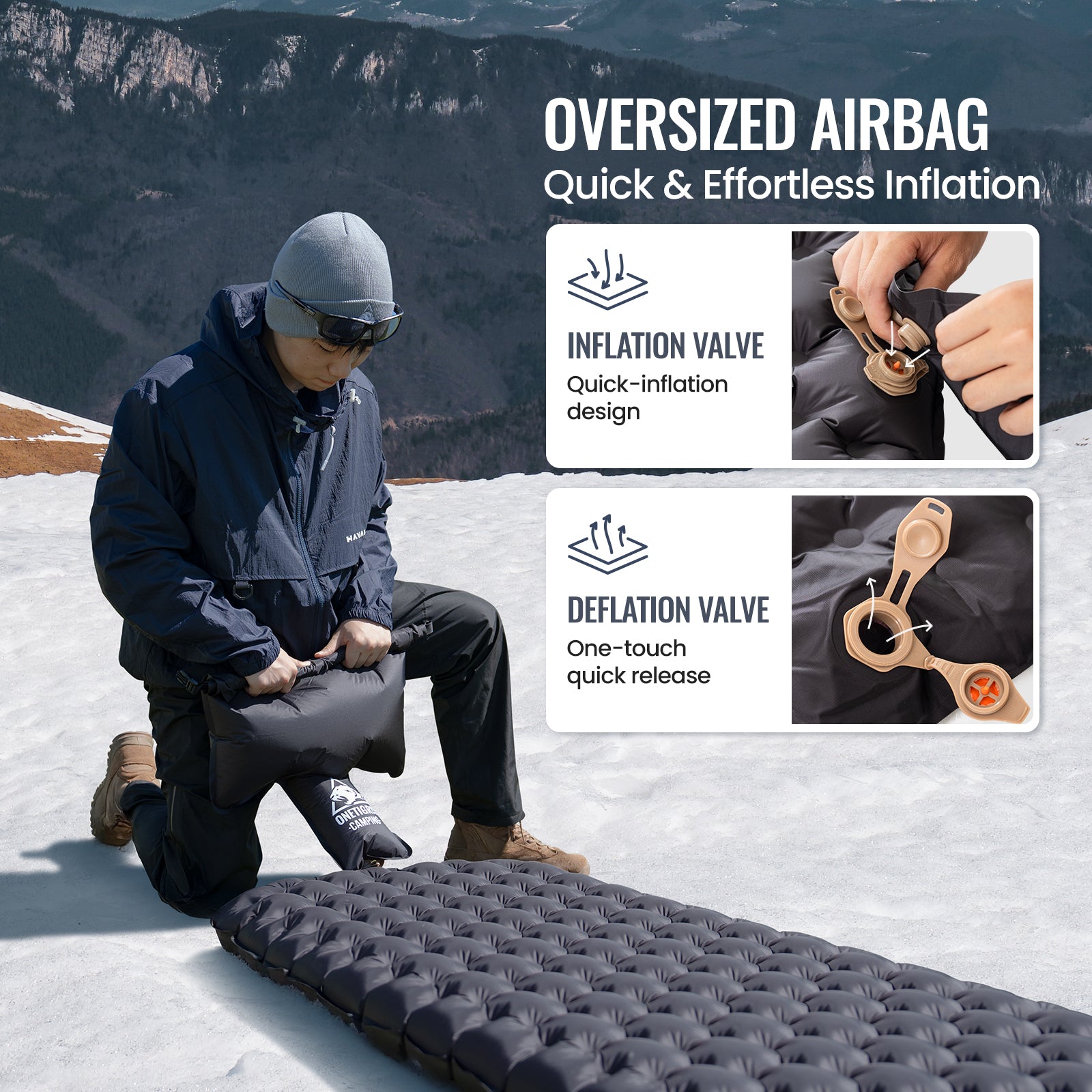 Person setting up an oversized airbag with mountainous background