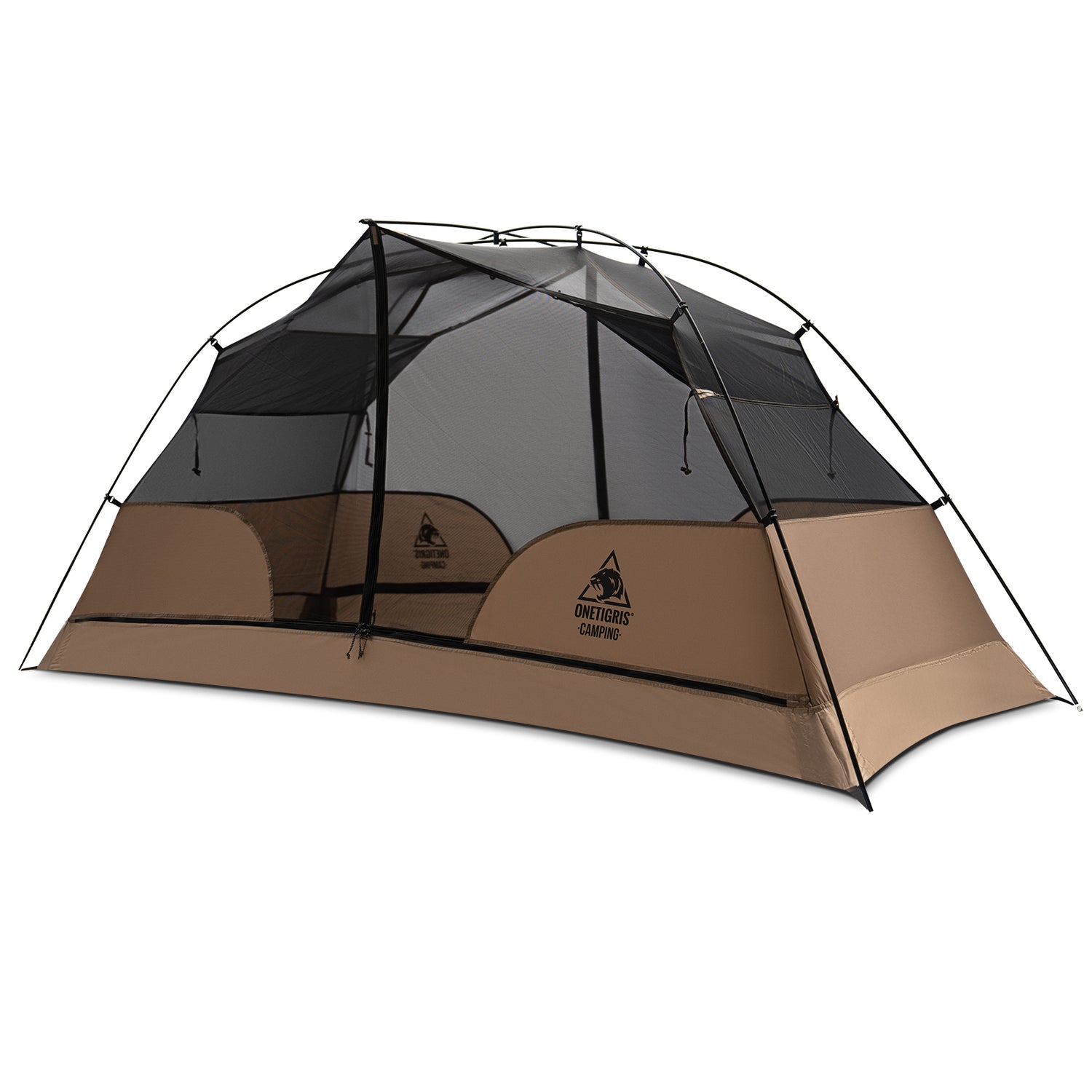 Coyote Brown and black tent with a visible brand logo on a white background