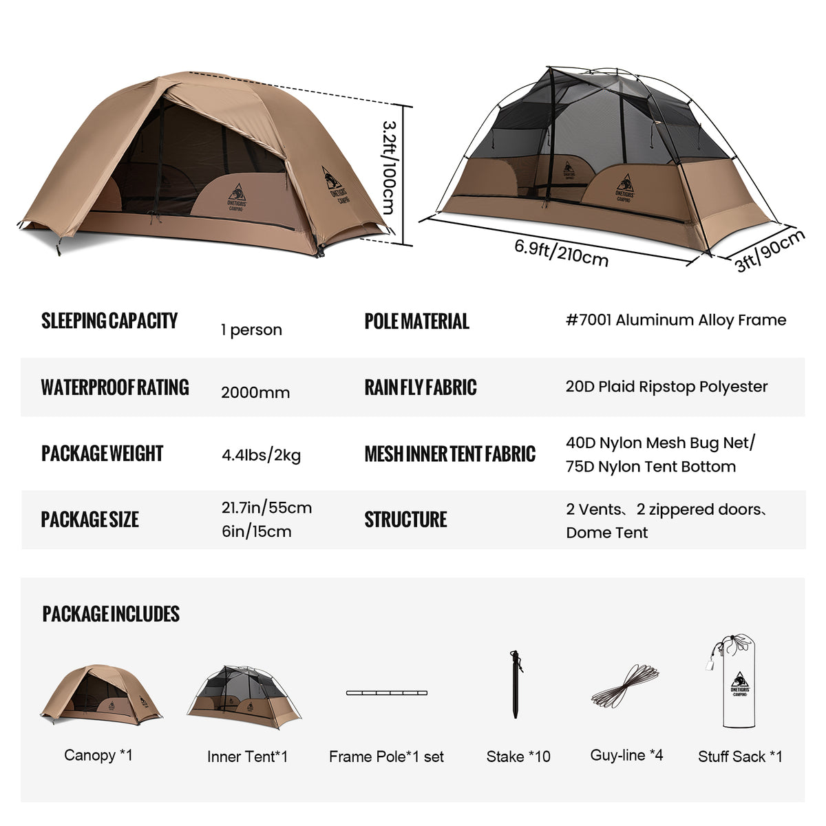 Camping tent with specifications and components on a white background