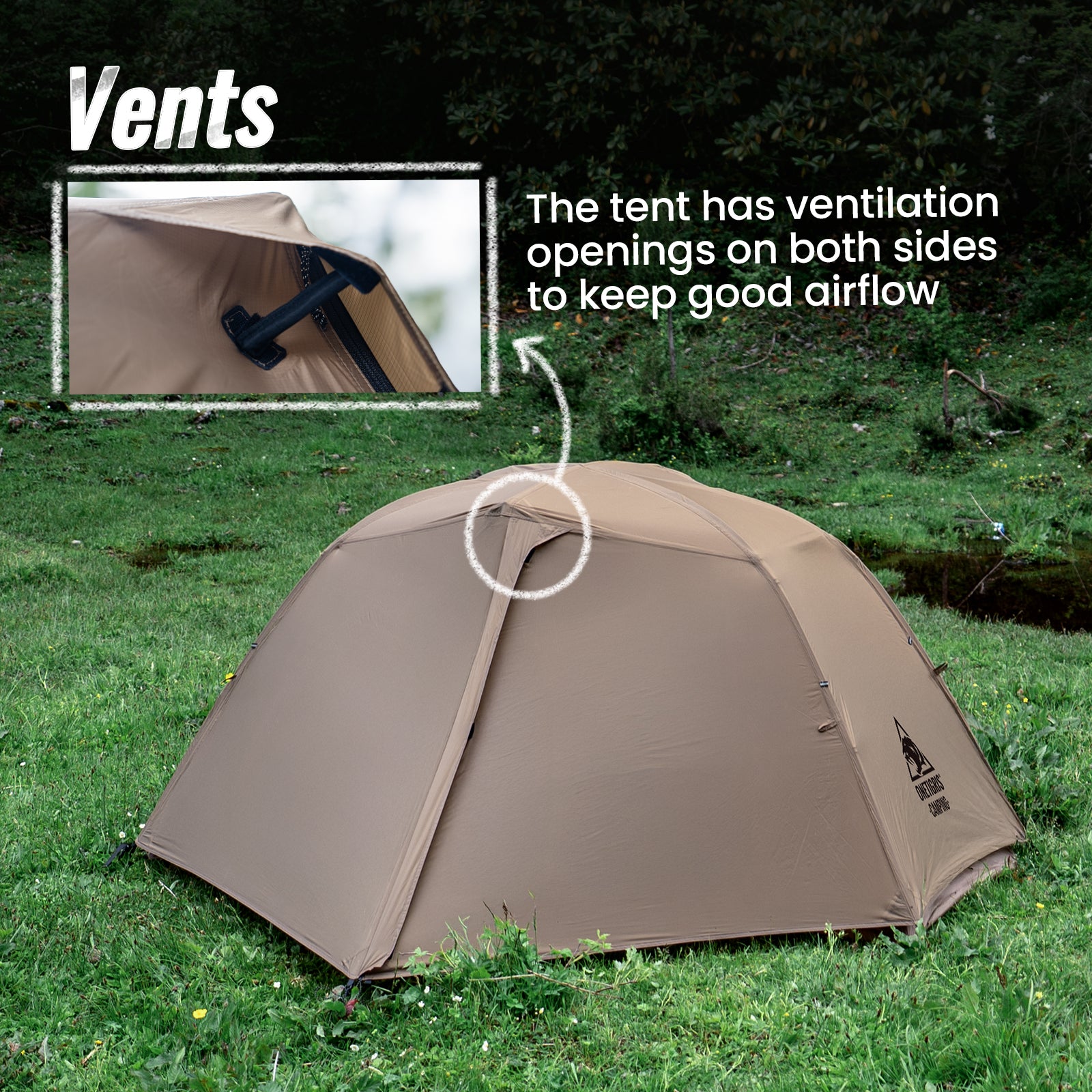 Coyote Brown tent with ventilation openings on grass
