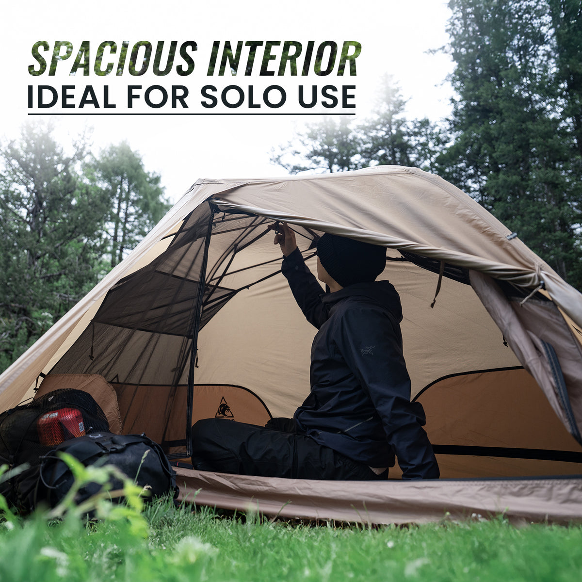 Person setting up a tent with text 'Spacious Interior Ideal for Solo Use' in a forest setting.