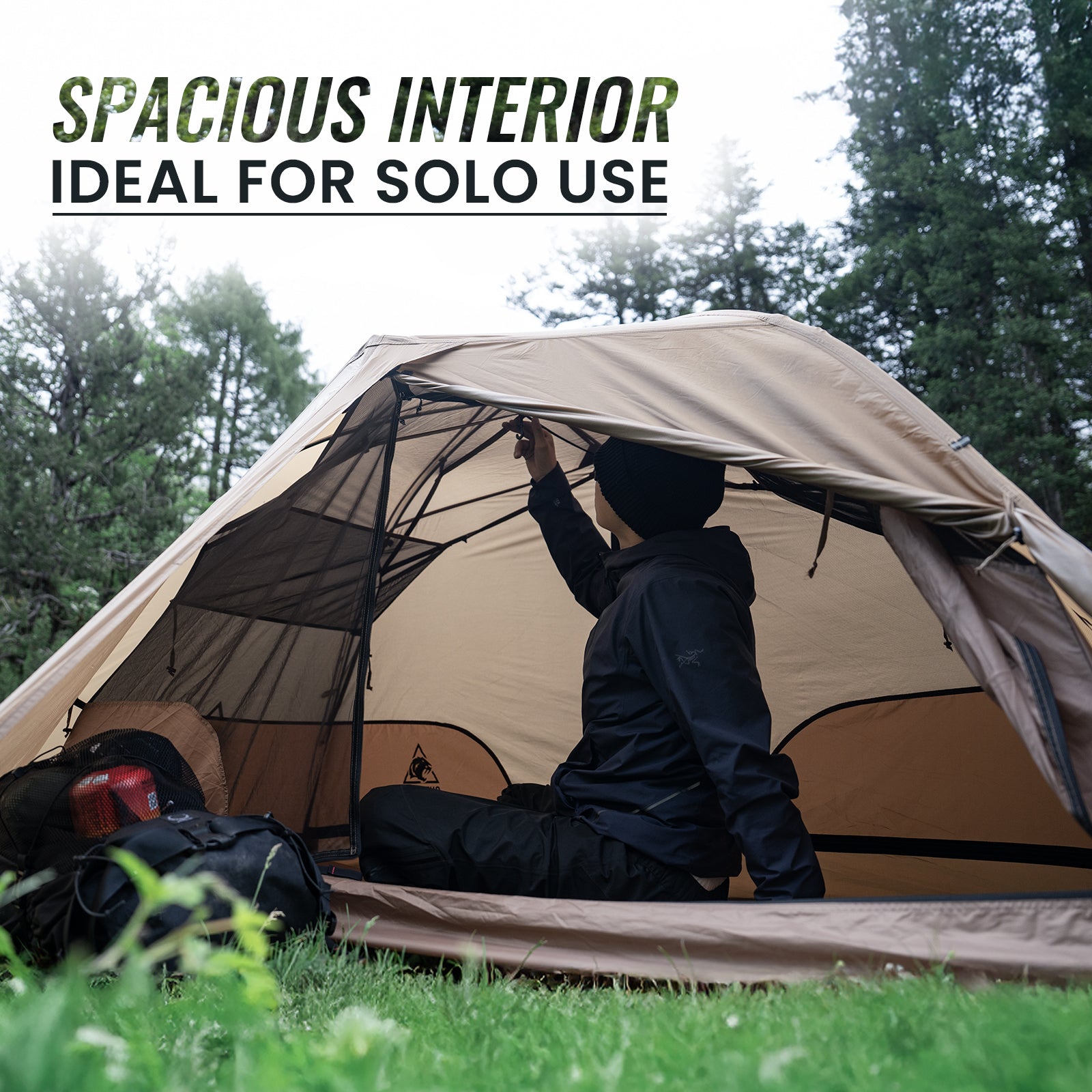 Person setting up a tent with text 'Spacious Interior Ideal for Solo Use' in a forest setting.