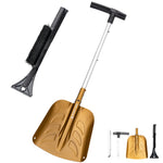 Gold snow shovel with black brush and ice scraper on a white background