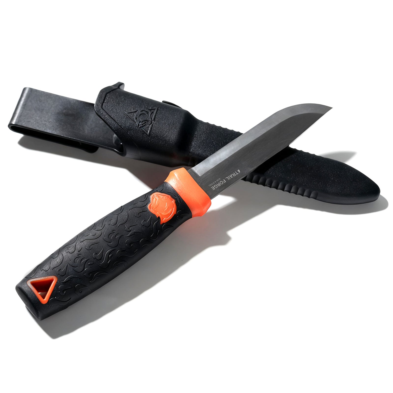 Black knife with orange handle and black sheath on a white background