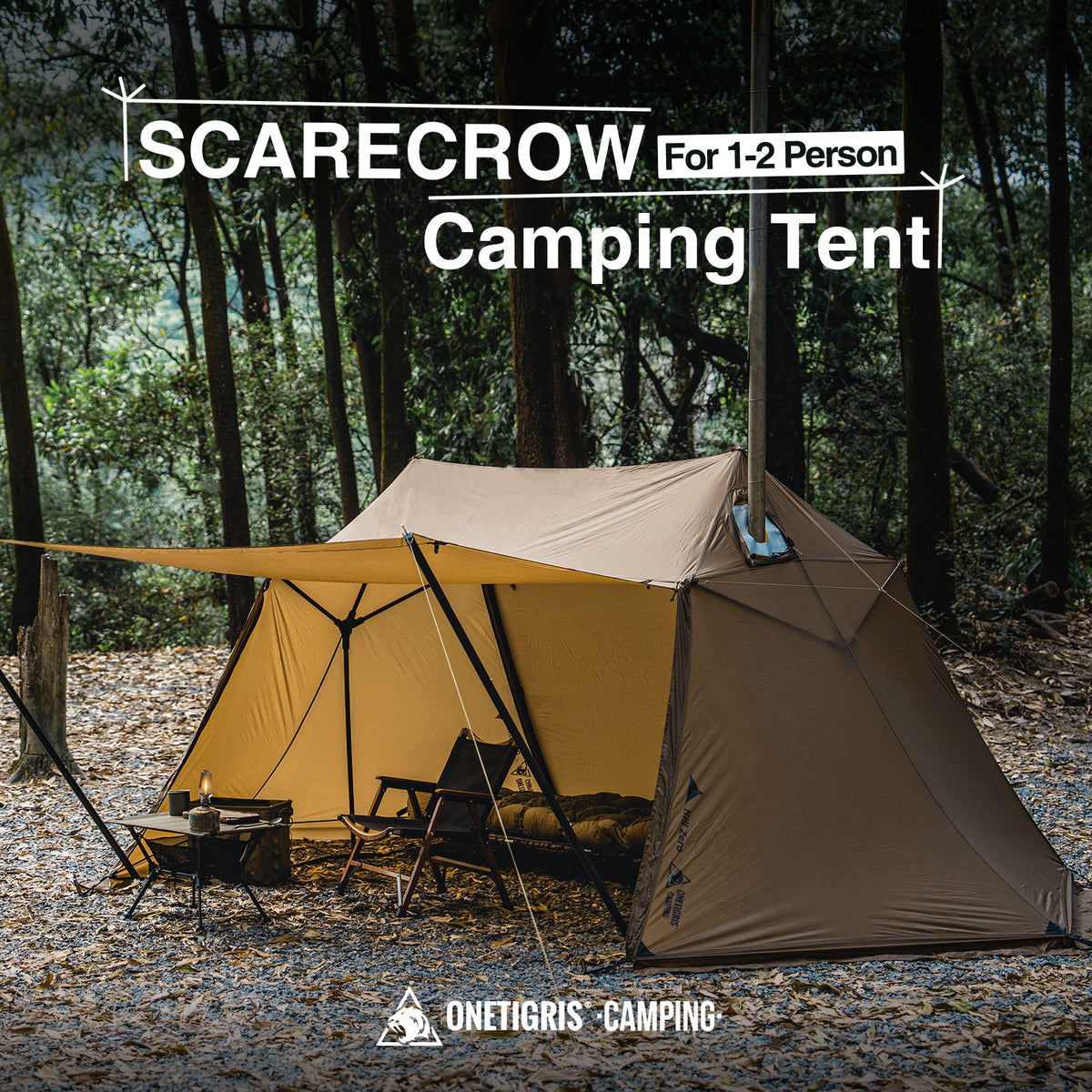 Camping tent with scarecrow branding in a forest setting