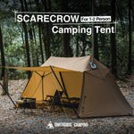 Camping tent with scarecrow branding in a forest setting