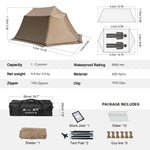 Camping tent with specifications and package contents on a white background
