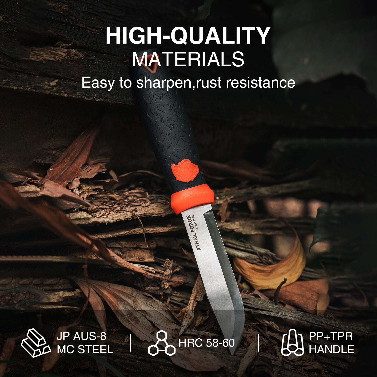 Knife with orange handle on wooden background, highlighting material quality and features.