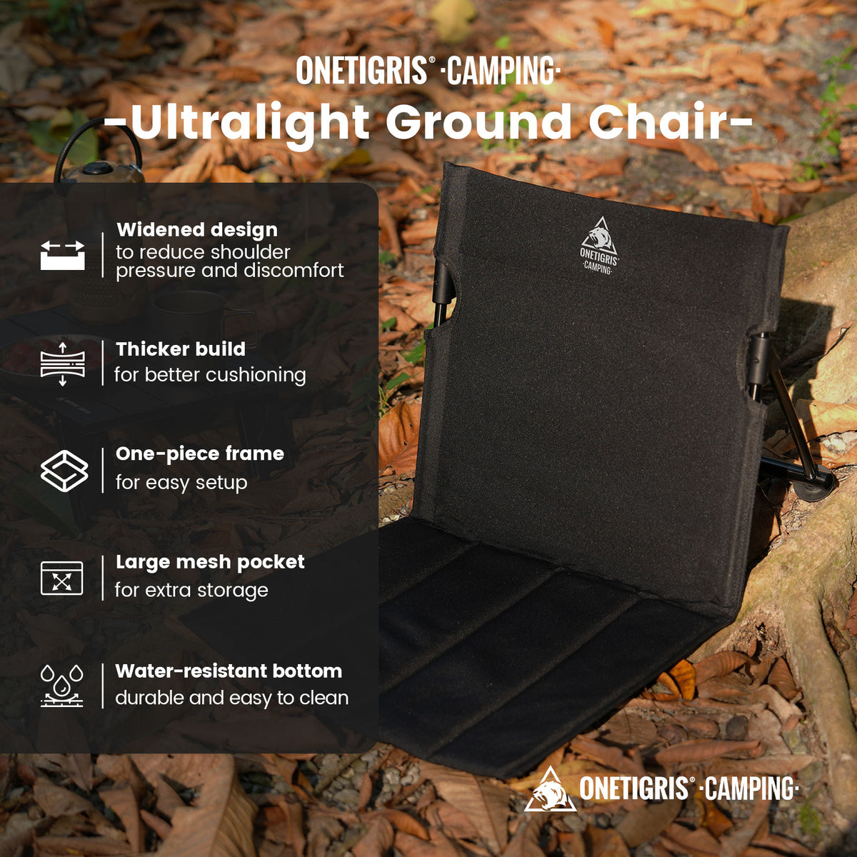 Black ultralight ground chair with features listed on a natural background