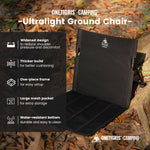 Black ultralight ground chair with features listed on a natural background