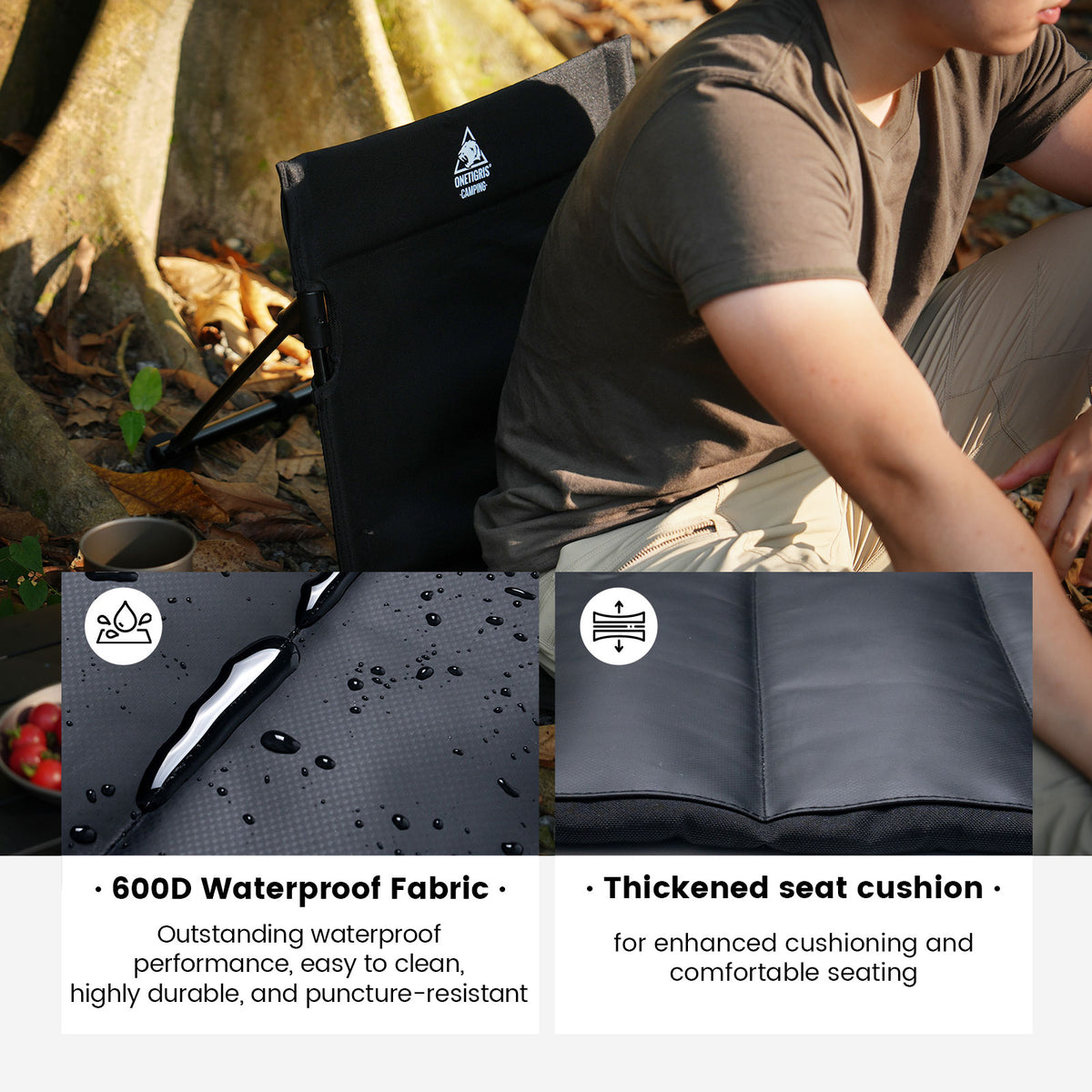 Person sitting on a black portable chair with waterproof fabric and thick cushion in a natural setting.