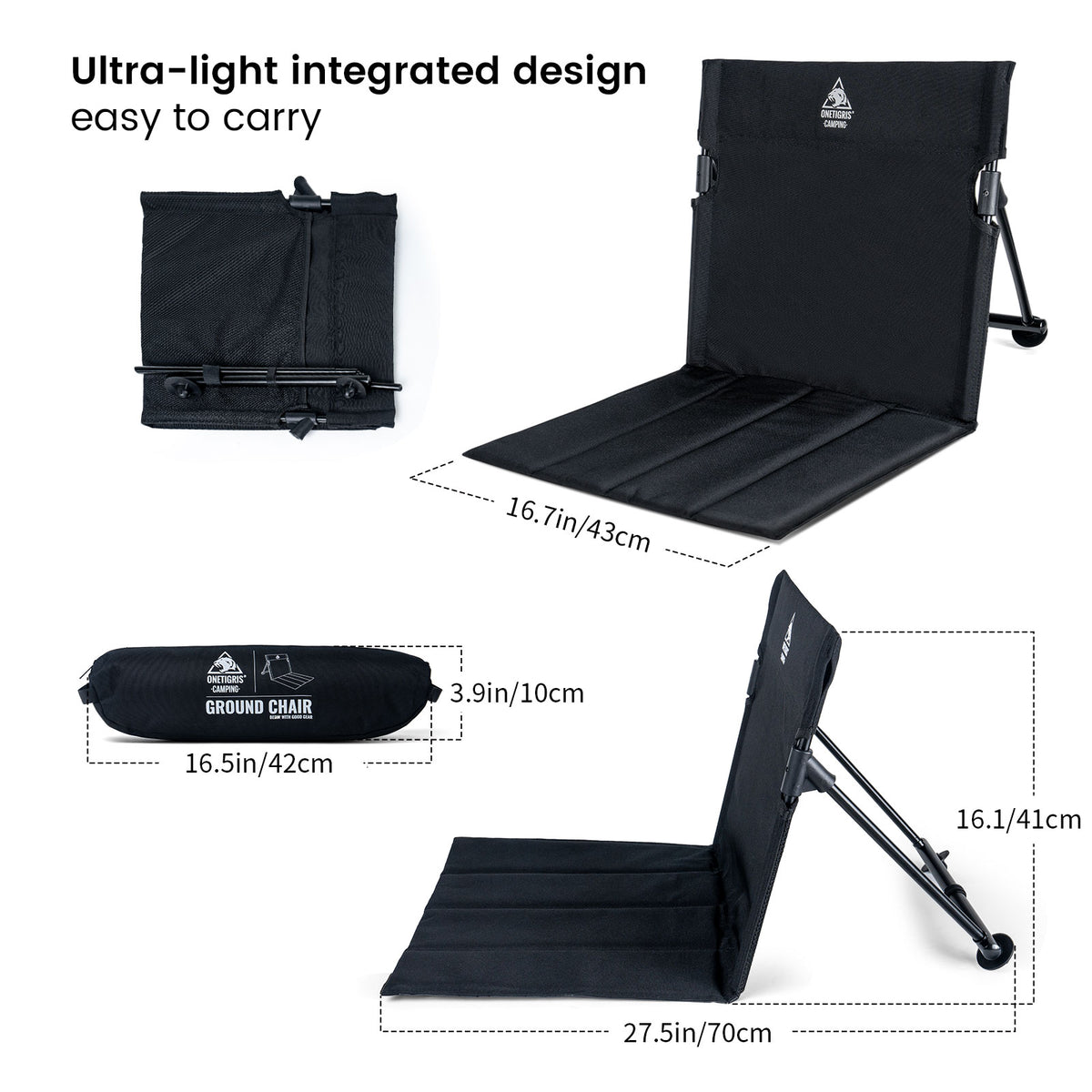 Black folding chair with dimensions and packaging on a white background