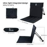 Black folding chair with dimensions and packaging on a white background