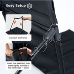 Instructions for setting up a black portable chair with text overlay on an image.