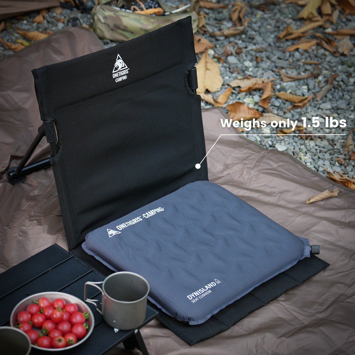 Camping chair with cushion on a camping mat, surrounded by nature.