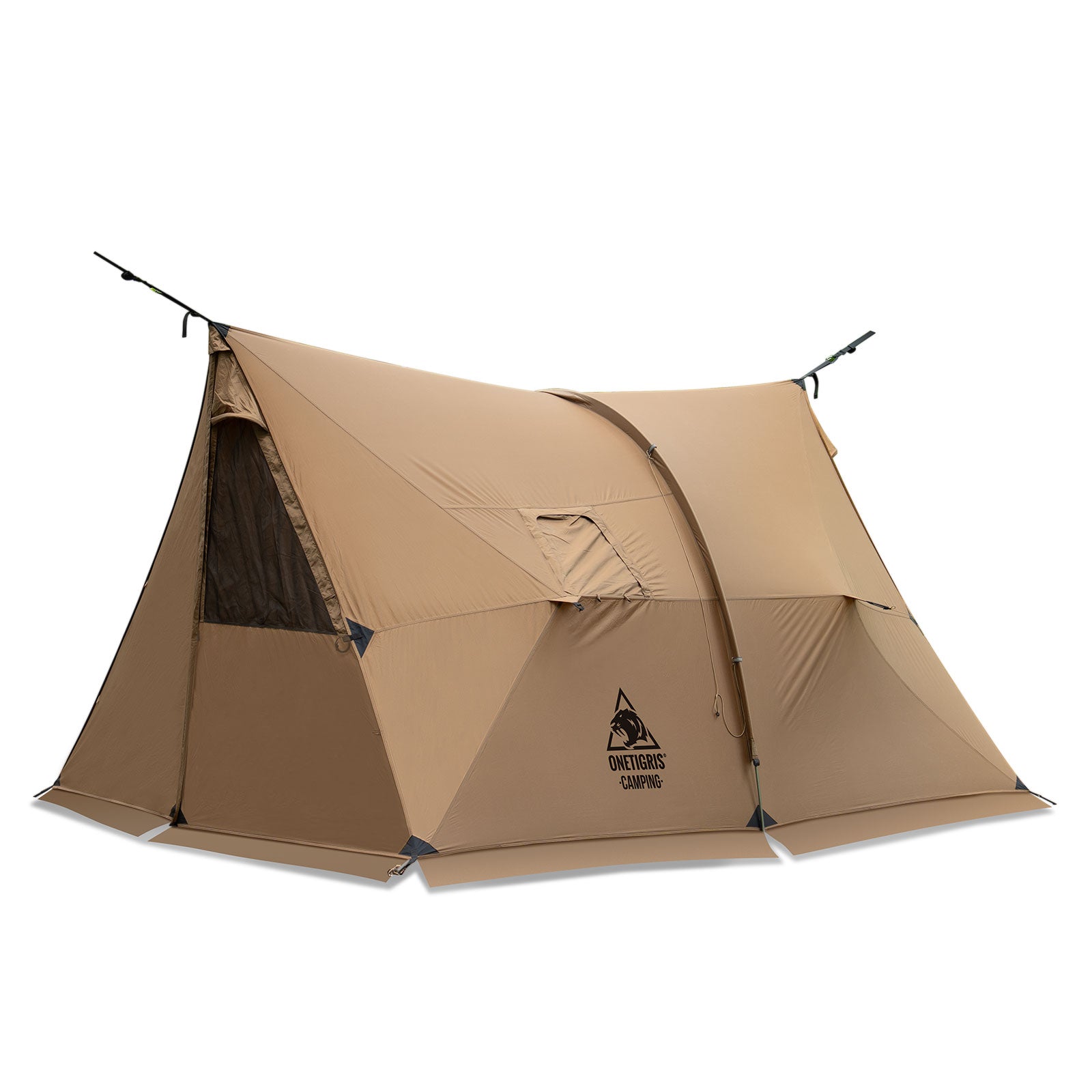 Brown camping tent with a brand logo on a white background