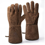 OneTigris cowhide leather camping survival gloves, showing both front and palm sides with long cuffs.