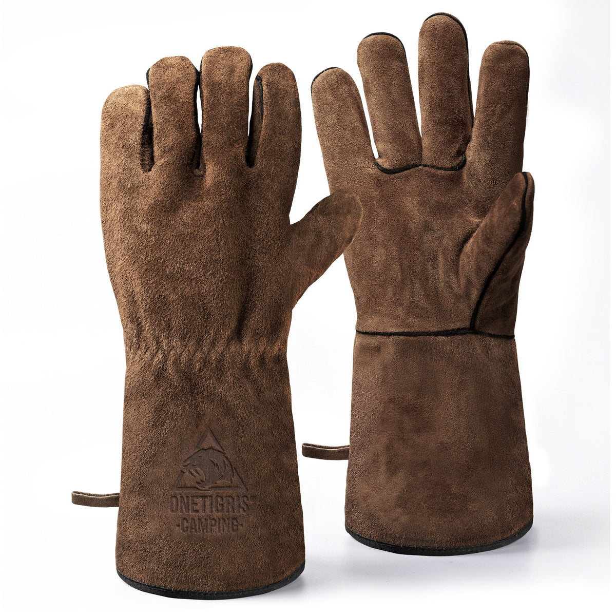 OneTigris cowhide leather camping survival gloves, showing both front and palm sides with long cuffs.