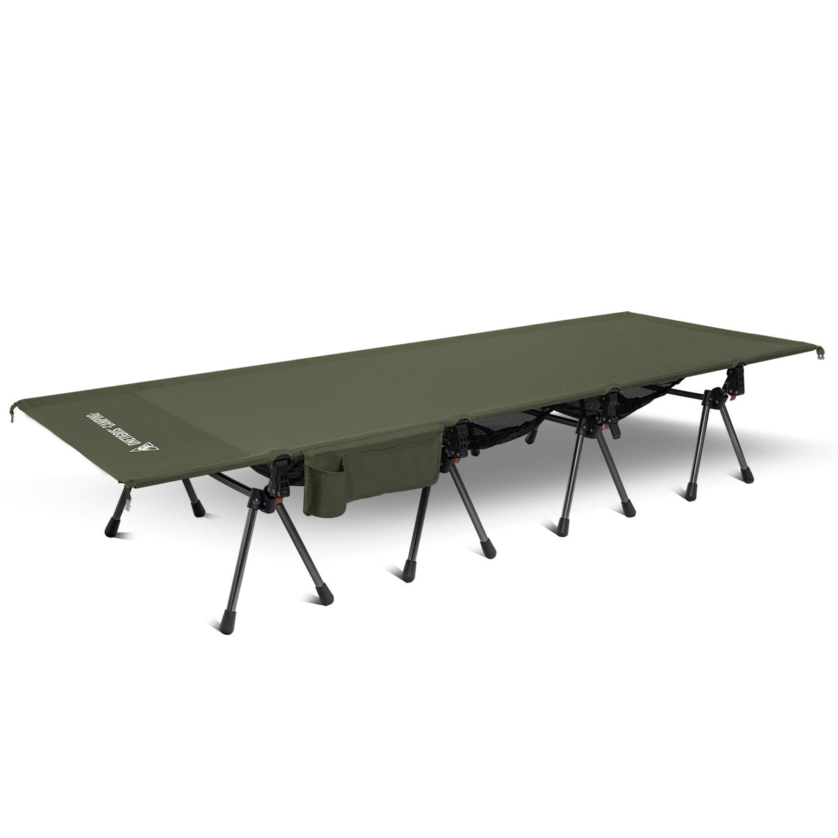 Green camping cot with legs on a white background