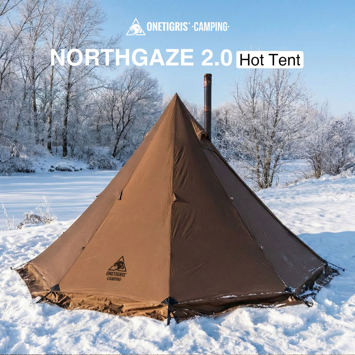 Brown tent labeled 'Northgaze 2.0 Hot Tent' in a snowy landscape with 'OneTigris Camping' branding.