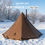 Brown tent labeled 'Northgaze 2.0 Hot Tent' in a snowy landscape with 'OneTigris Camping' branding.