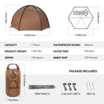 Camping tent with specifications and accessories on a white background