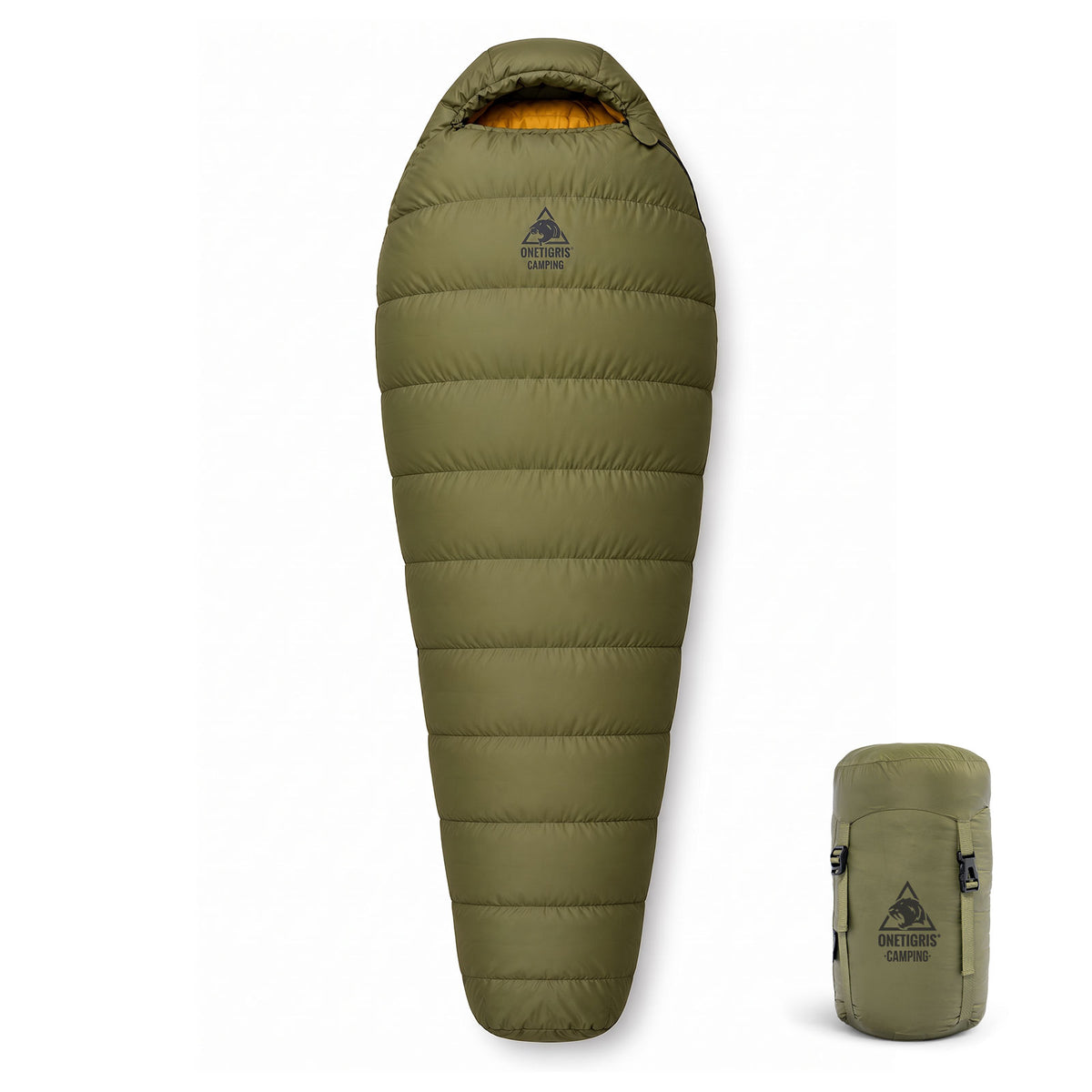 OneTigris olive green mummy sleeping bag shown open next to its compact packed size in a matching stuff sack.