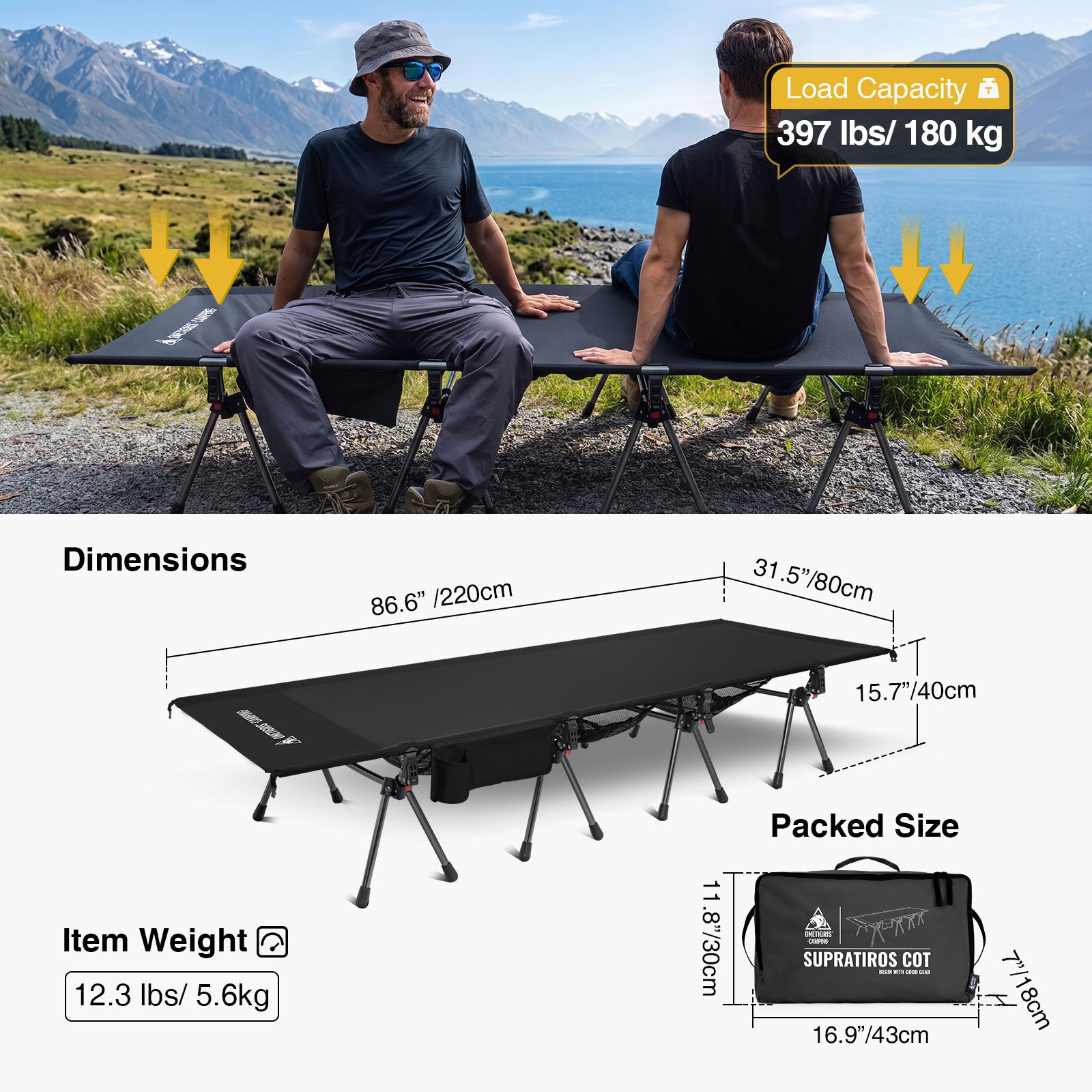 Two people sitting on a onetigris camping cot with scenic background, dimensions, weight, and packed size displayed.